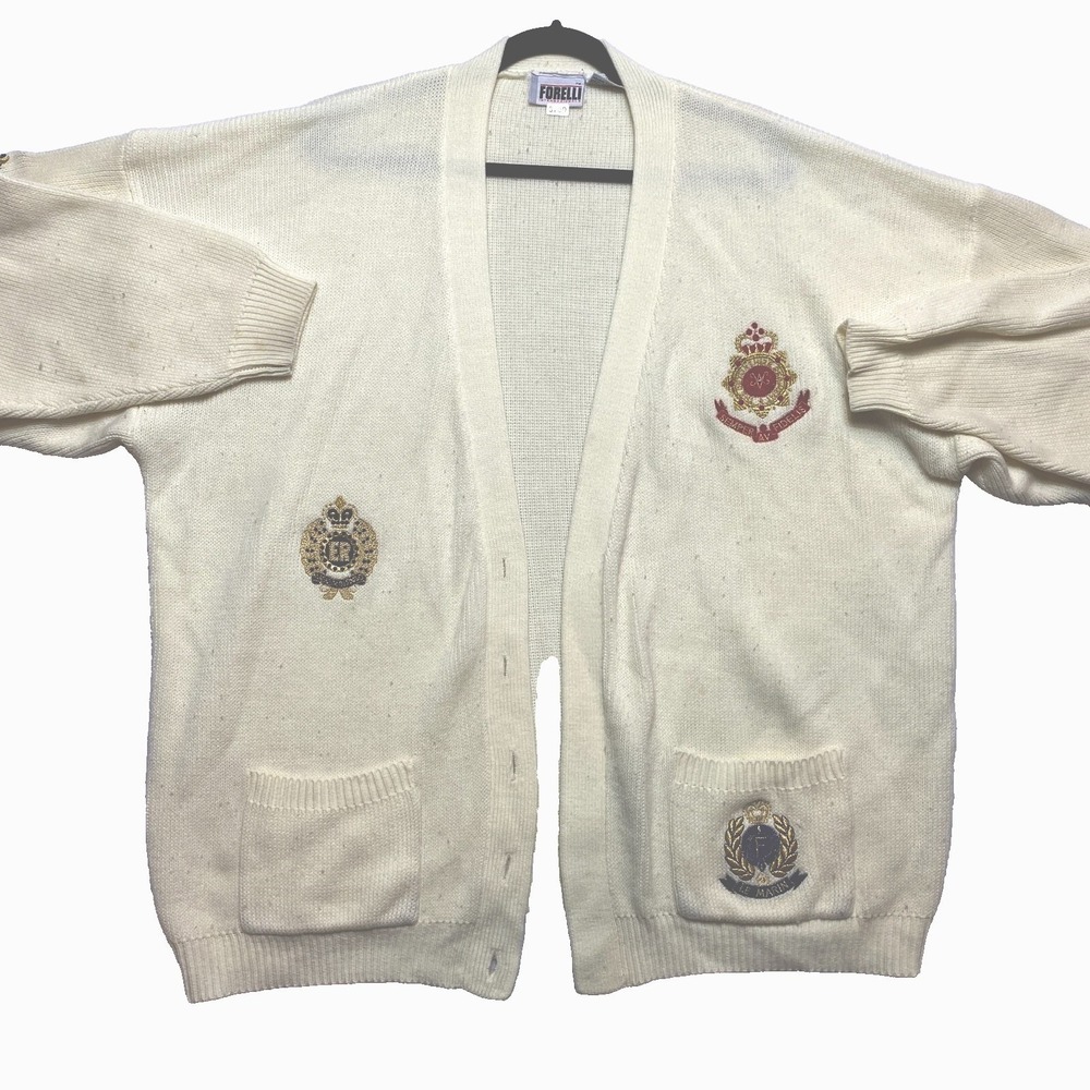 Vintage Forelli Sweater Womens 26-28 Beige Crest Cardigan Knit Embroidery